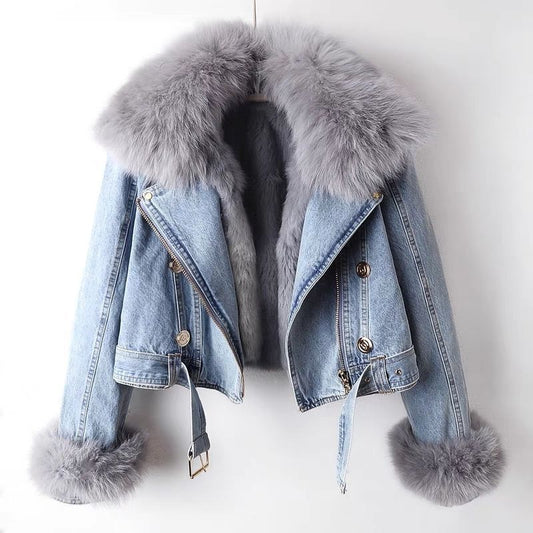 Zyphronix™ | giacca da moto in denim con collo in pelliccia sintetica rimovibile